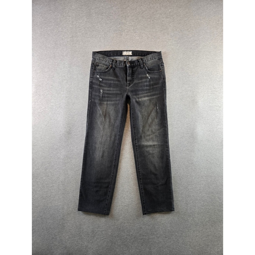 Free People Straight Leg Jeans Womens 27 Black Distressed Cropped Mid Rise Denim